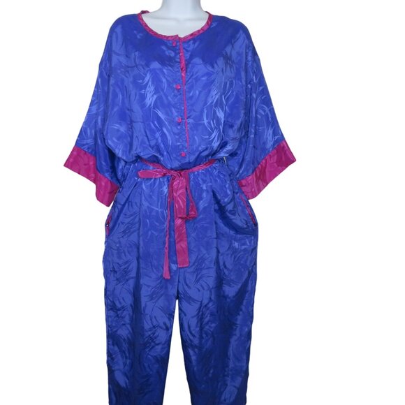 Vintage 80s Jumpsuit Womens Pink Purple Taper Leg Pockets Tie Belt Button Front - Picture 8 of 13